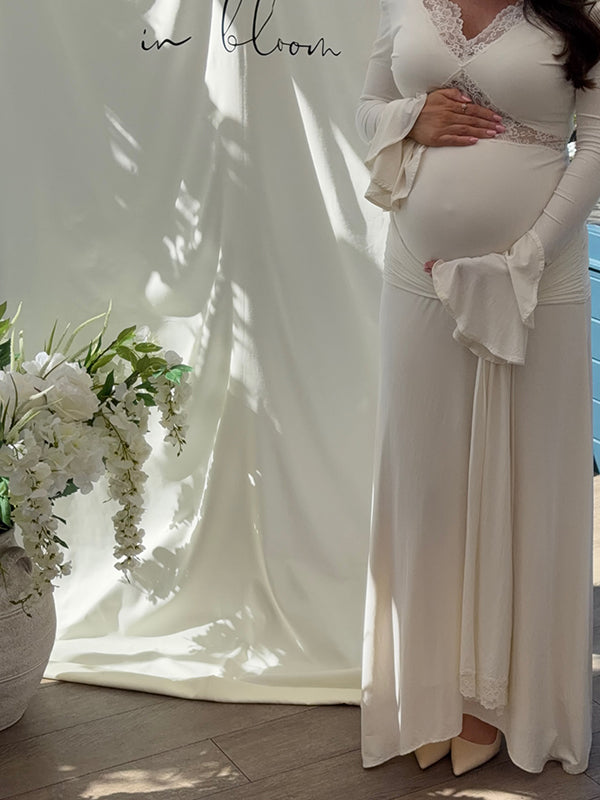 Mumsmode Maxi Babyshower Zwangerschapsjurk Kant Ruches Flare Mouwen Elegante Jurk Fotoshoot Gender Reveal