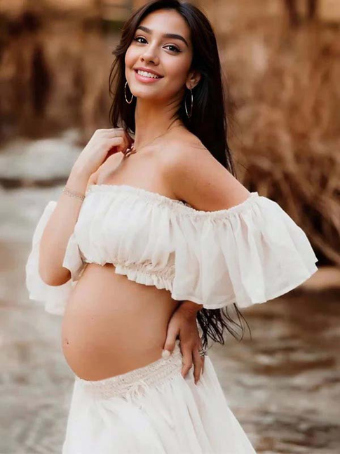 Mumsmode Bohemian Zwangerschaps Tweedelige Set Maxi Jurk Off-Shoulder Rugloos Ruches Fotoshoot