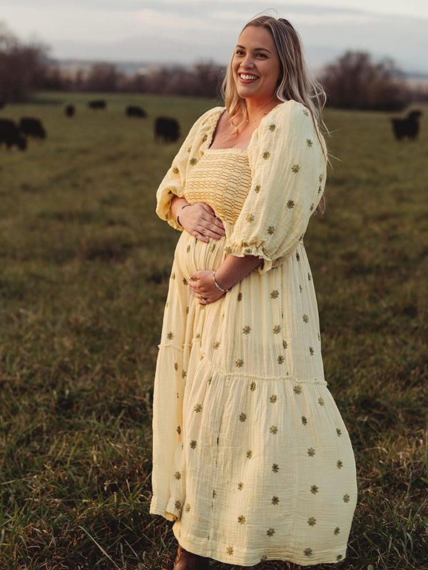 Mumsmode Zwangerchaps Bloemen Jurken Boheems Vakantie Bloemenprint Ruches Gedrapeerd Maxi Fotoshoot Jurken