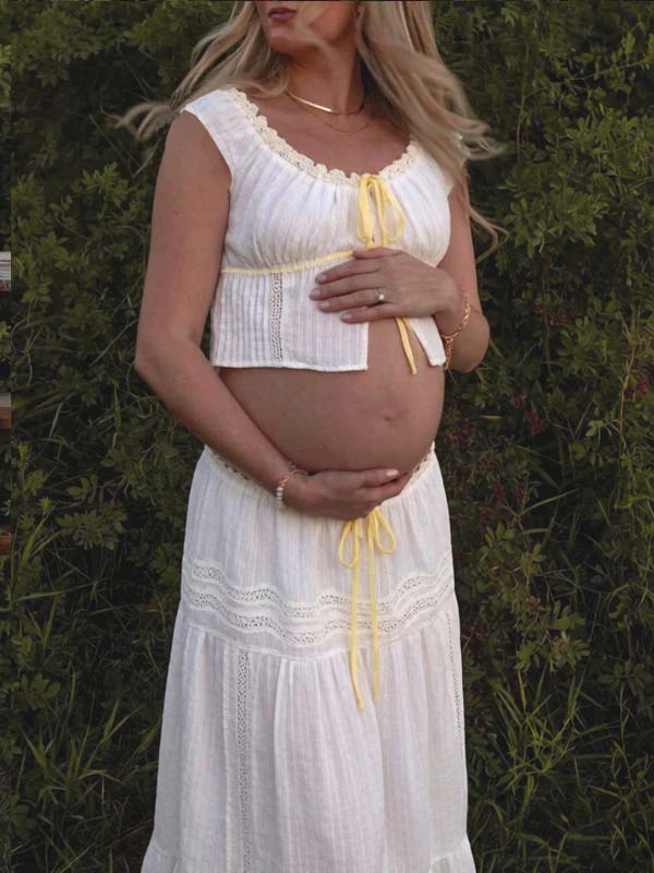 Witte Kanten Zwangerschaps Maxi Jurk Hoge Taille Tweedelige Set Boho