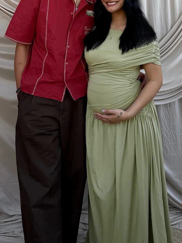 Mumsmode Zwangerschaps Maxi Jurk Babyshower Cocktail Gekreukt Onregelmatig Een Open Schouder Groen
