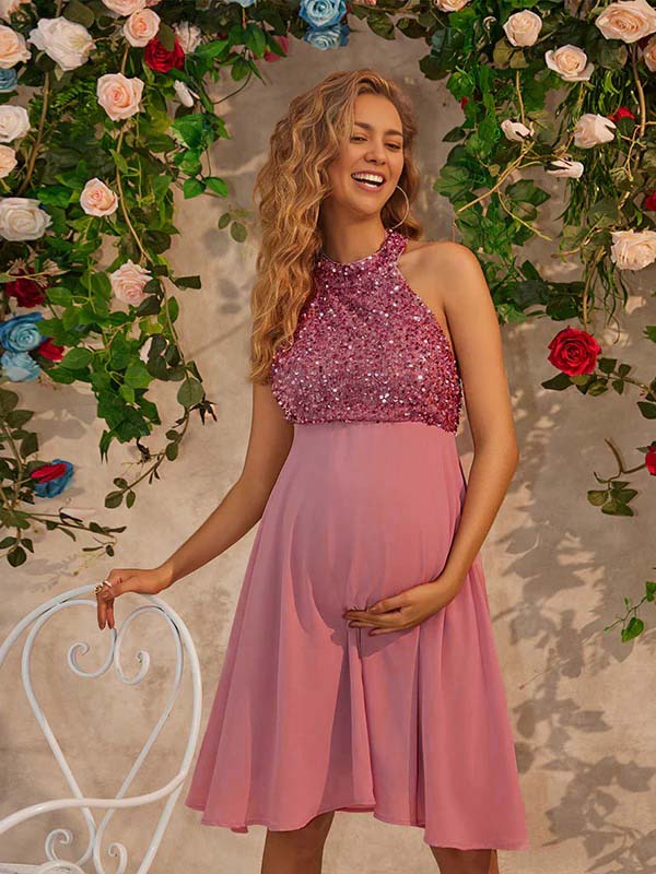 Mumsmode Zwangerchaps Korte Cocktail Jurk Elegant Pailletten Rugloos Halternek Roze