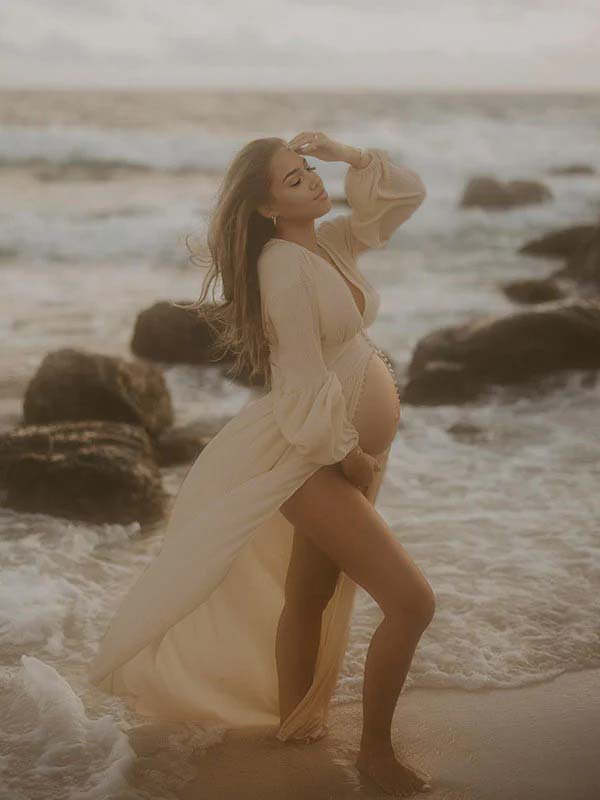 Mumsmode Zwangerschaps Fotoshoot Jurken Boheems Elegant Enkele Borst Zijsplit Gekreukt Maxi Jurken