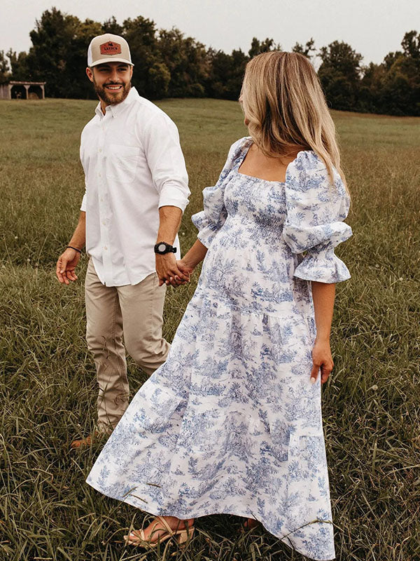 Mumsmode Blauw Schattige Zwangerschaps Maxi Jurk Ruches Geplooid Hoge Taille Pofmouwen Fotoshoot