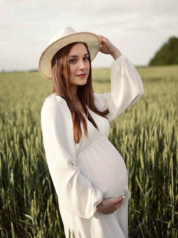 Mumsmode Zwangerchaps Midi Fotoshoot Jurken Elegant V-hals Lange Mouw Wit