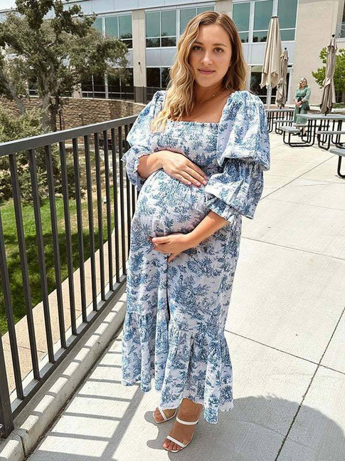 Mumsmode Blauw Schattige Zwangerschaps Maxi Jurk Ruches Geplooid Hoge Taille Pofmouwen Fotoshoot