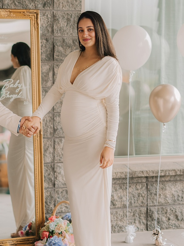 Mumsmode Babyshower Bruiloft Gast Maxi Zwangerschapsjurk Bodycon Chique Gekreukt Diepe Halslijn