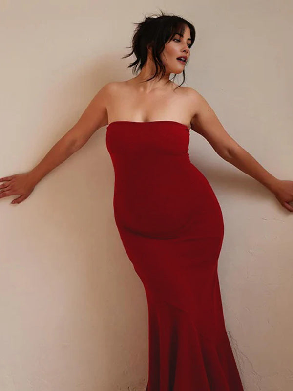 Mumsmode Chique Rood Bandeau Bodycon Zeemeermin Lintjes Babyshower Zwangerschaps Maxi Jurk