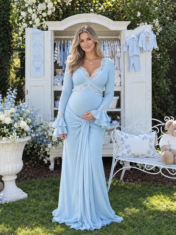 Mumsmode Maxi Babyshower Zwangerschapsjurk Kant Ruches Flare Mouwen Elegante Jurk Fotoshoot Gender Reveal