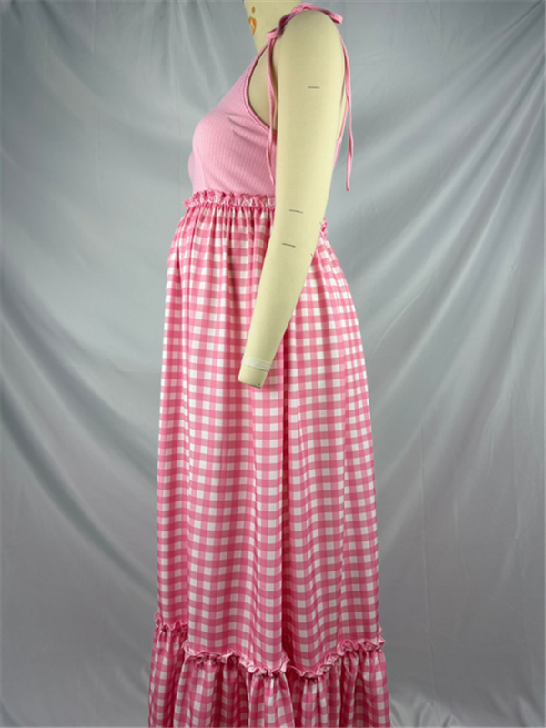 Mumsmode Zwangerchaps Maxi BabyShower Jurk Schat meisje Plaid Spaghetti Gekreukt Ronde Hals Roze
