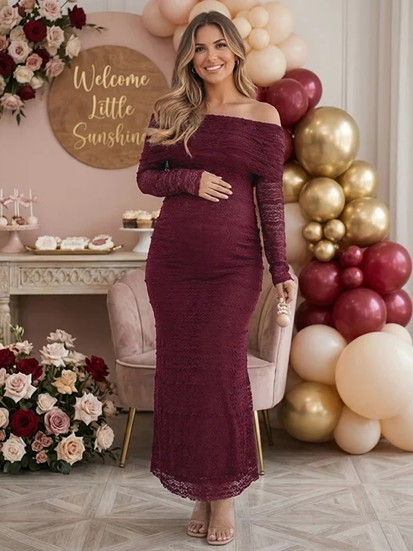 Elegant Off Shoulder Kant Zwangerschaps Maxi Jurk