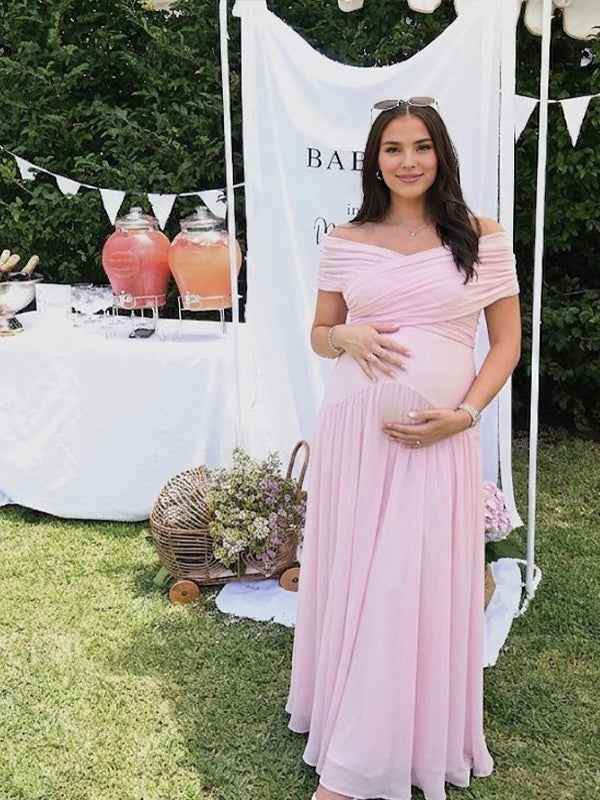 Roze Zwangerschaps Maxi Jurk Off Shoulder Gekruiste Hals Geplooid Tule