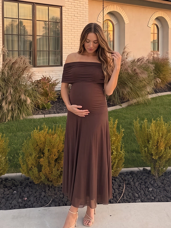 Zwangerschaps Maxi Jurk Off-Shoulder Tule Gedrapeerd Trapeze Model