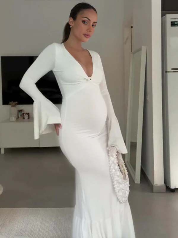 Mumsmode Zwangerschaps Maxi Jurk Babyshower Ceremonie Bodycon Ruches Zeemeermin Knoop