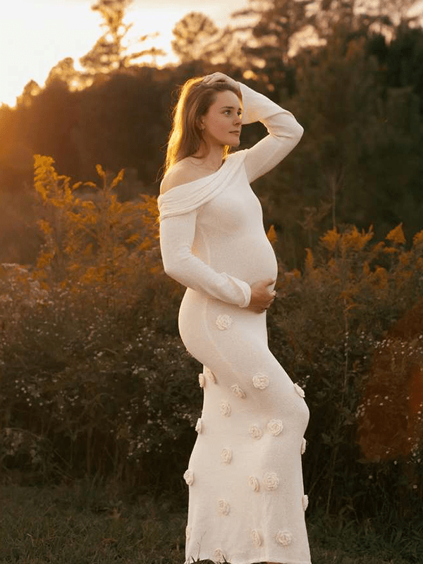 Off-Shoulder 3D Bloemen Gebreide Fotoshoot Zwangerschaps Maxi Jurk