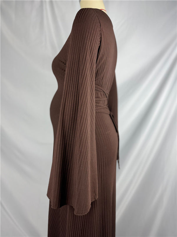 Mumsmode Zwangerchaps Midi Fotoshoot Jurken Elegant Gebonden rug Flare Mouw Bruin