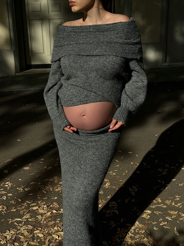 Mumsmode Zwangerschaps Maxi Truien Jurk Chique Elegant 2-in-1 Gebreide Off Shoulder Zeemeermin