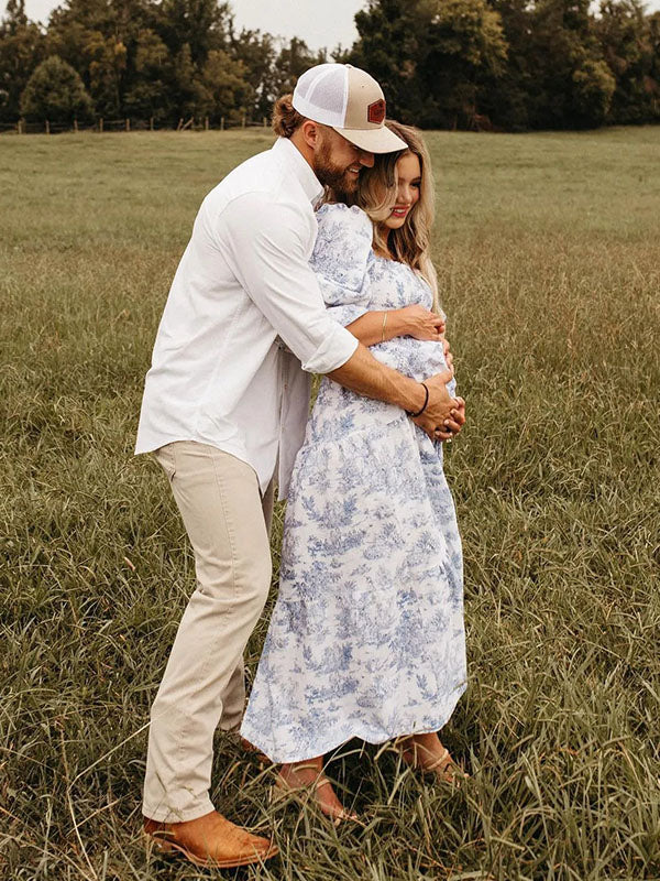 Mumsmode Blauw Schattige Zwangerschaps Maxi Jurk Ruches Geplooid Hoge Taille Pofmouwen Fotoshoot