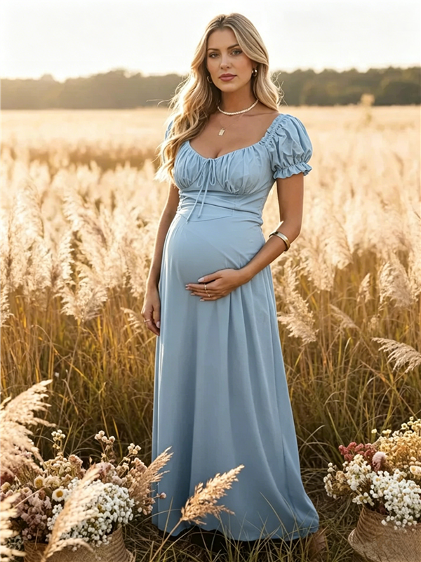 Mumsmode Zwangerschaps Boho Maxi Jurk Ruches Geplooid Vetersluiting Wijde Zwier Boho Fotoshoot