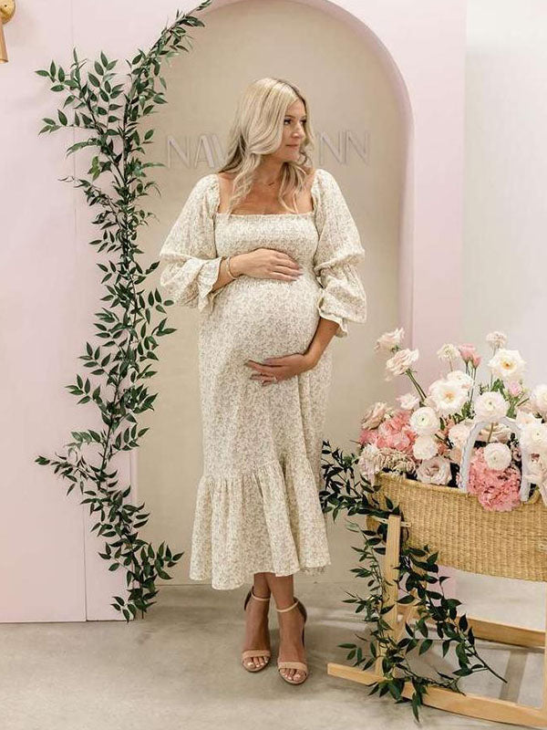 Mumsmode Schattige Zwangerschaps Maxi Jurk Ruches Geplooid Hoge Taille Pofmouwen Fotoshoot