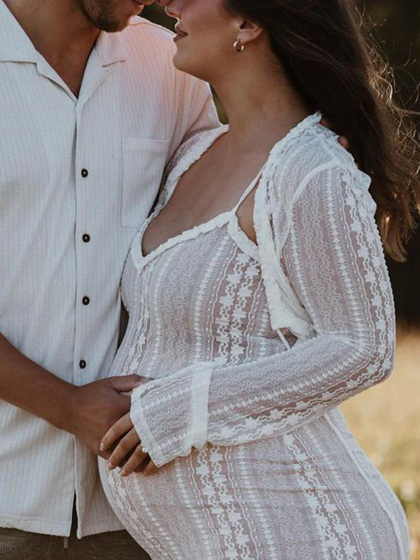 Mumsmode Kanten Zwangerschaps Tweedelige Set Spaghettibandjes Maxi Jurk Zijsplit Cropped Vest Fotoshoot Uitgaan