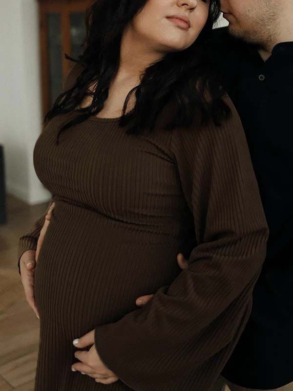 Mumsmode Zwangerchaps Midi Fotoshoot Jurken Elegant Gebonden rug Flare Mouw Bruin