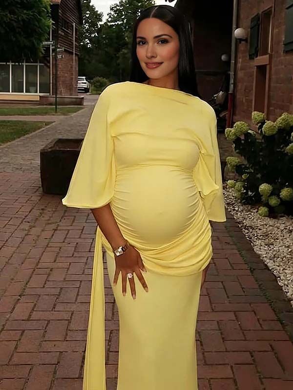Mumsmode Zwangerschaps Maxi Jurk Babyshower Ceremonie Chique Rugloos Zijsplit Gedrapeerd Gekreukt Geel