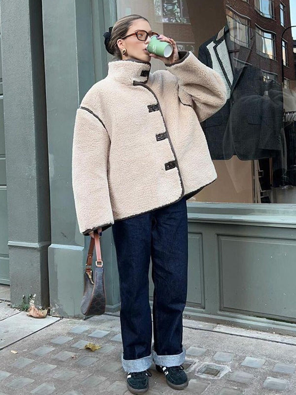 Mumsmode Zwangerschaps Teddy Jassen Dagelijks Harig Enkele Borst Zakken Kleurblok Zwangerschapsjassen