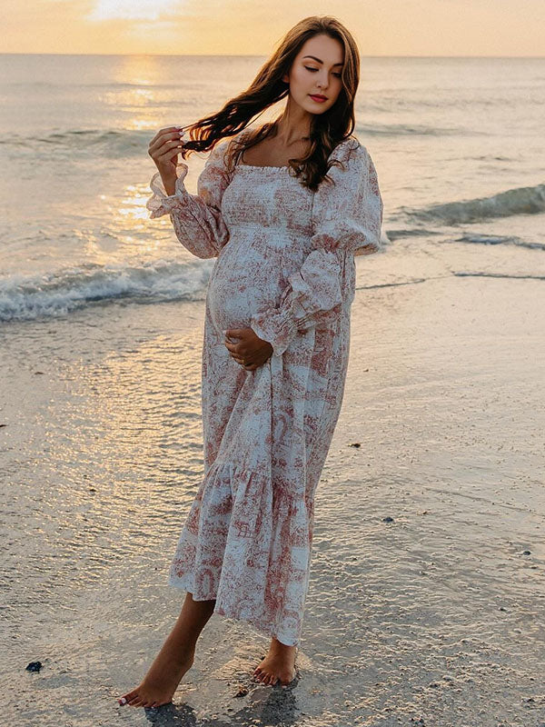 Mumsmode Schattige Zwangerschaps Maxi Jurk Ruches Geplooid Hoge Taille Pofmouwen Fotoshoot