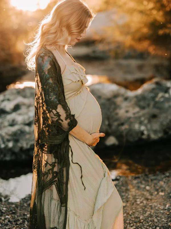 Mumsmode Zwangerchap Fotoshoot Jurken Boheems Fotoshoot Onregelmatig Ruches Rugloos Gedrapeerd Spaghetti Maxi Jurken