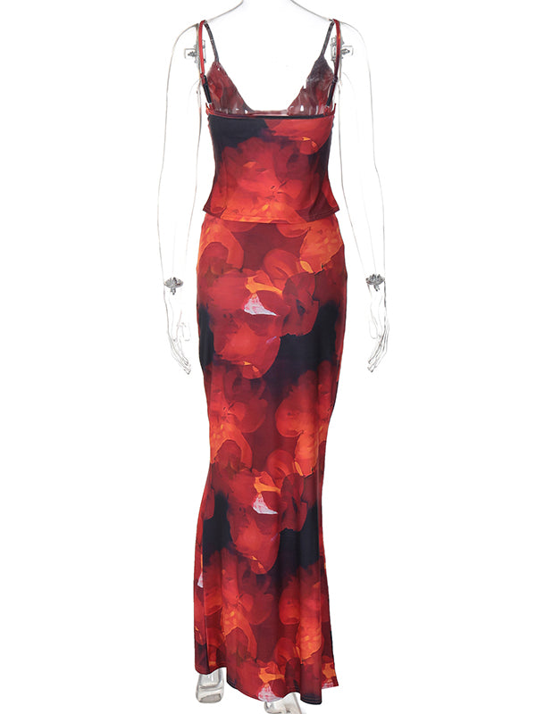 Mumsmode Chique Rood 2-in-1 Bodycon Spaghetti Bloemenprint Zwangerschaps Maxi Jurk
