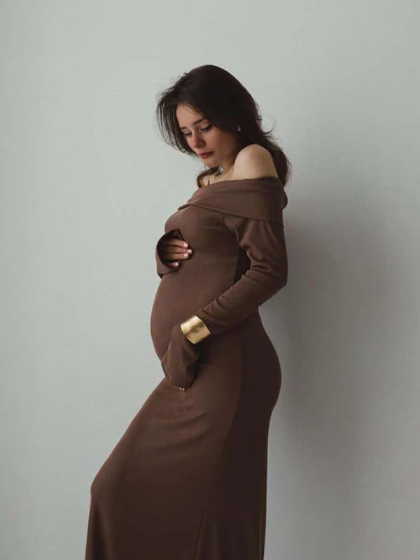 Mumsmode Zwangerschaps Maxi Gebreide Jurk Chique Fotoshoot Bodycon Off Shoulder