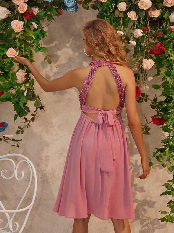 Mumsmode Zwangerchaps Korte Cocktail Jurk Elegant Pailletten Rugloos Halternek Roze