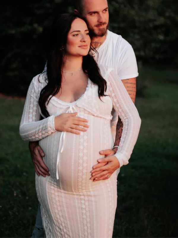 Mumsmode Kanten Zwangerschaps Tweedelige Set Spaghettibandjes Maxi Jurk Zijsplit Cropped Vest Fotoshoot Uitgaan