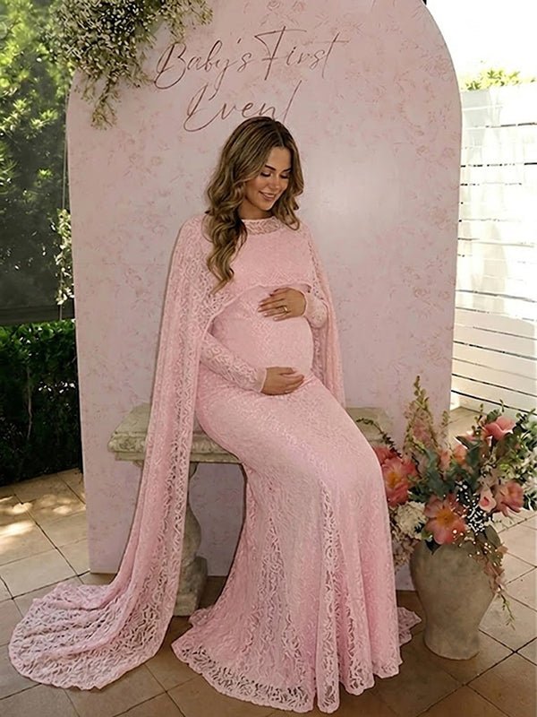 Elegante Roze Kanten Cape Zeemeermin Zwangerschaps Maxi Jurk