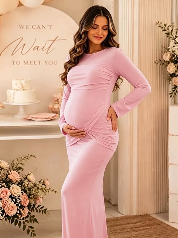 Elegante Roze Gedrapeerde Bodycon Zwangerschaps Maxi Babyshower Jurk