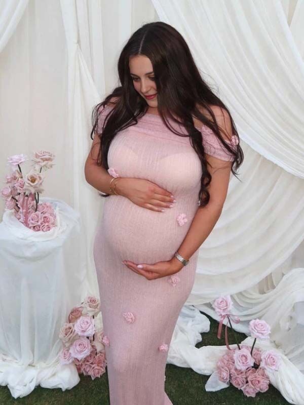 Mumsmode Zwangerschaps Maxi BabyShower Jurk Chique Off Shoulder Tule 3D Bloemen Bodycon