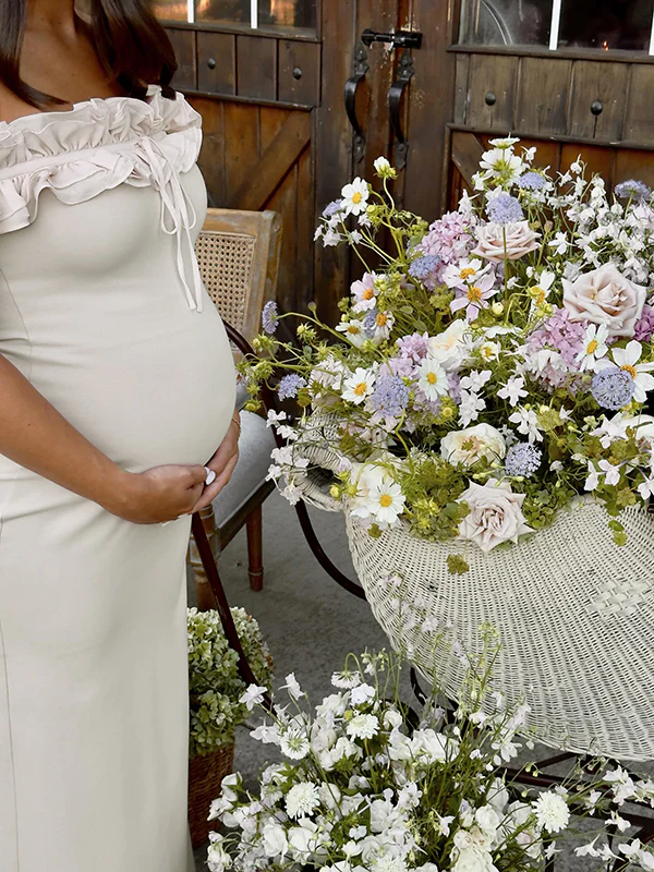 Mumsmode Zwangerschaps Maxi BabyShower Jurk Chique Ruches Off Shoulder Wit