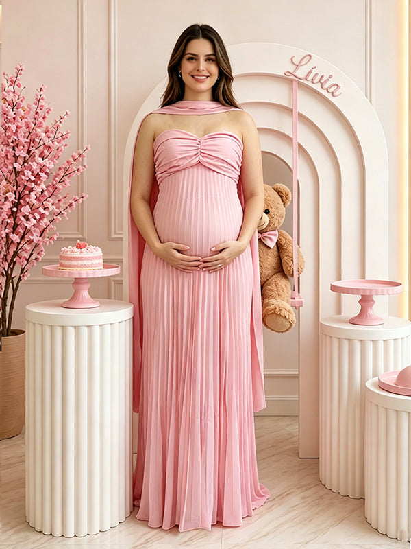 Zwangerschaps Maxi Jurk Geplooide Zoom Strapless Rugloos Met Vetersluiting
