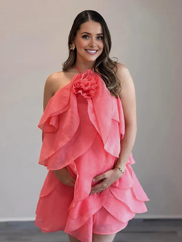 Mumsmode Zwangerschaps Mini Jurk 3D Bloemen Gelaagd Ruches Spaghettibandjes Rugloos Babyshower