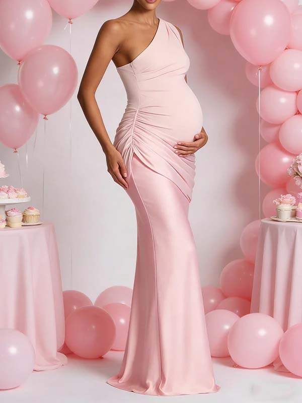 Mumsmode Zwangerschaps Maxi Babyshower Jurk Chique Een Open Schouder Patchwork Satijn Zeemeermin