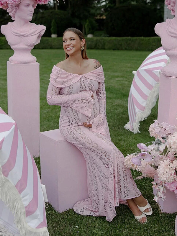 Mumsmode Zwangerschaps Maxi Babyshower Jurk Kanten Off Shoulder Zeemeermin Roze