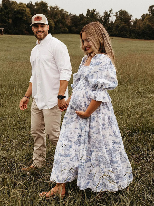 Mumsmode Blauw Schattige Zwangerschaps Maxi Jurk Ruches Geplooid Hoge Taille Pofmouwen Fotoshoot
