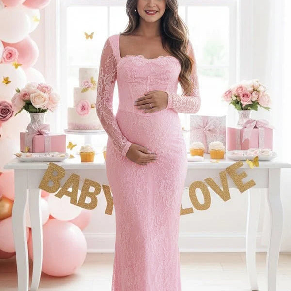 Mumsmode Zwangerschaps Maxi Kanten Babyshowerjurk Chique Cocktail Vierkante Hals Zijsplit Bodycon Jurk
