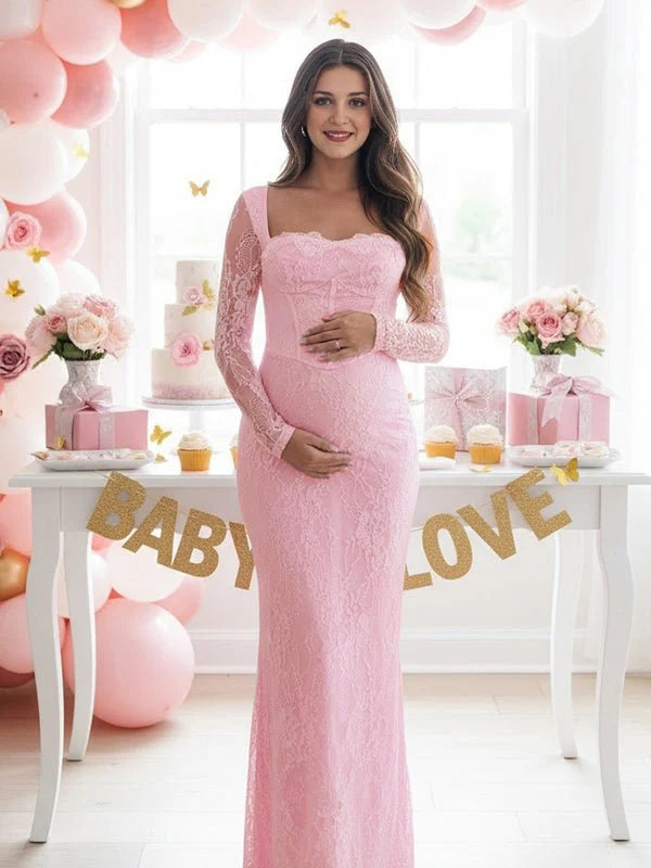 Mumsmode Zwangerschaps Maxi Kanten Babyshowerjurk Chique Cocktail Vierkante Hals Zijsplit Bodycon Jurk