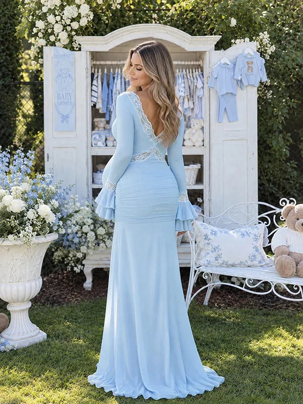 Mumsmode Maxi Babyshower Zwangerschapsjurk Kant Ruches Flare Mouwen Elegante Jurk Fotoshoot Gender Reveal