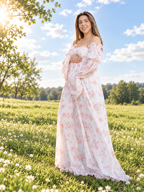 Roze Bloemen Off-Shoulder Grote Zwangerschaps Fotoshoot Maxi Jurk