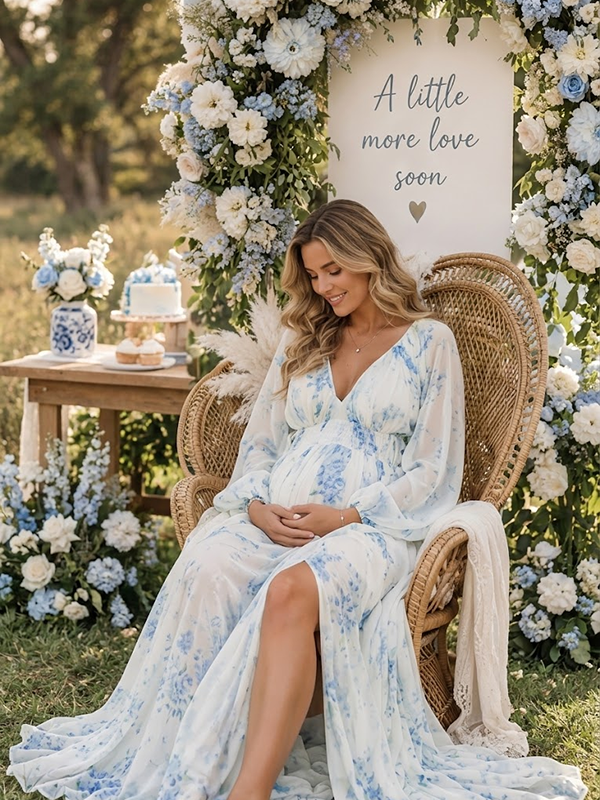 Blauwe zwangerschapsjurk met bloemenprint en vrouwelijke ruches voor een elegante look.