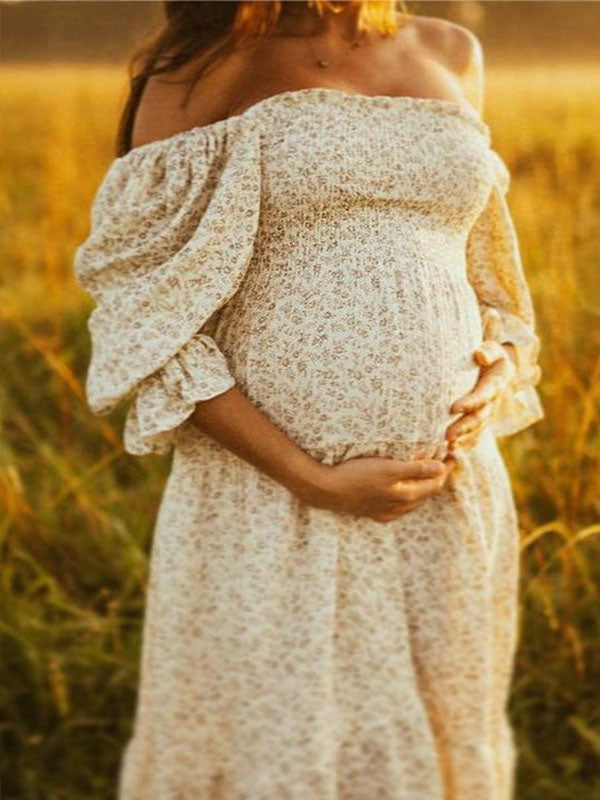 Mumsmode Schattige Zwangerschaps Maxi Jurk Ruches Geplooid Hoge Taille Pofmouwen Fotoshoot
