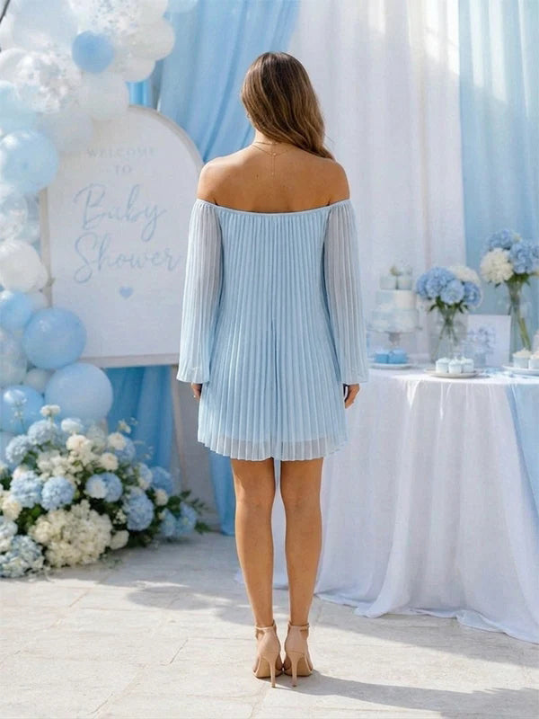 Chic Off-Shoulder Plissé Babyshower Zwangerschaps Mini Jurk
